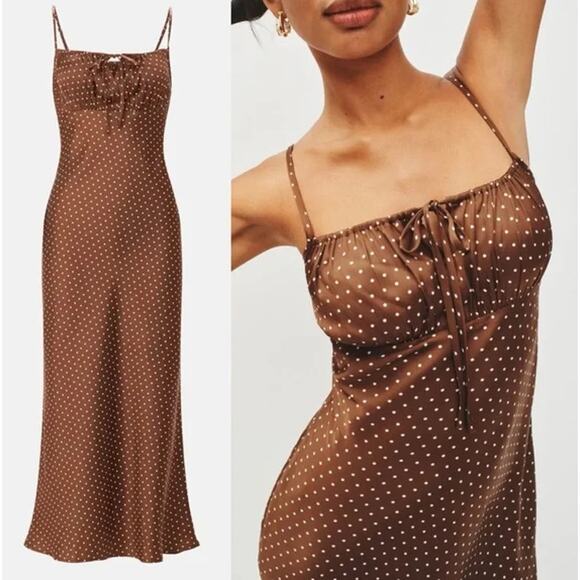 Ciao Lucia Leo Satin Midi Slip Dress Polka Dot Keyhole Tie Front Spaghetti Strap - Picture 2 of 12